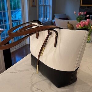 Calvin Klein Collection White and Black Tote with Brown Accents